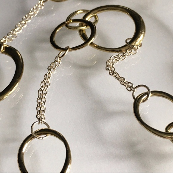 Asymmetrical Silver & Gold Tone Necklace Circles Joined Together With Chains - Picture 4 of 5